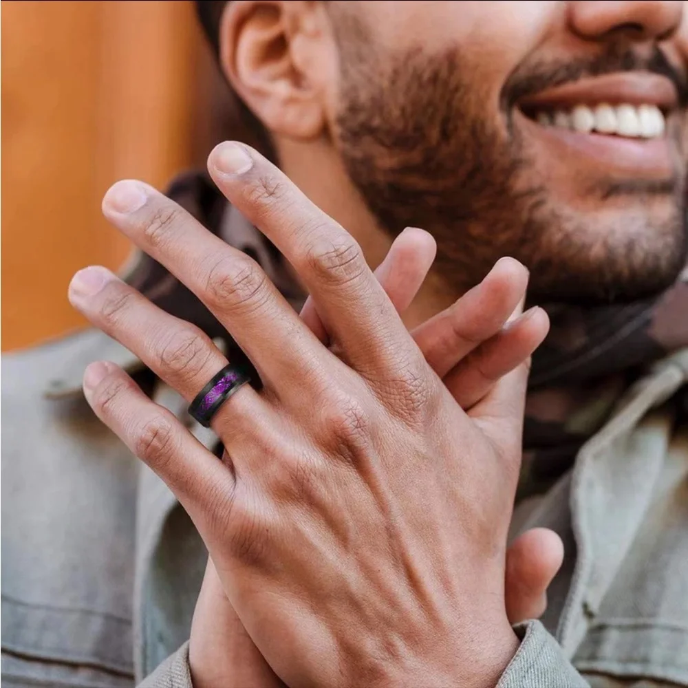 COUPLES MATCHING PURPLE AMETHYST TITANIUM STEEL TUNGSTEN CARBIDE RING SET - Picture 6 of 6